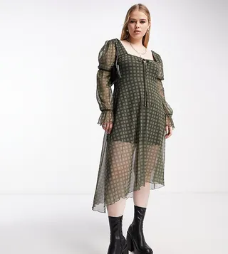 Reclaimed Vintage Plus long sleeve mesh midi dress in khaki gingham print