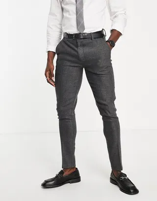 ASOS DESIGN wedding super skinny suit trousers in charcoal herringbone
