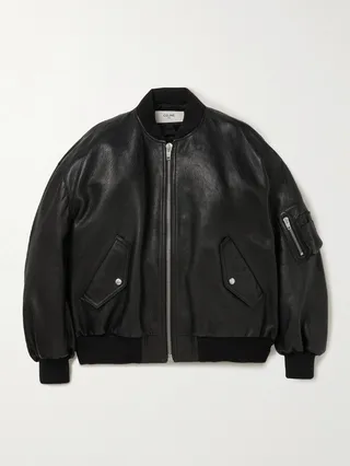 Studded Logo-Print Leather Bomber Jacket