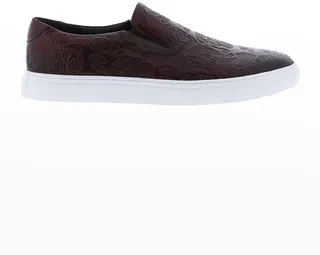 Men's Debossed Skull Leather Slip-On Sneakers