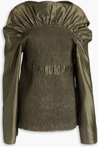 Smocked gathered silk-organza blouse