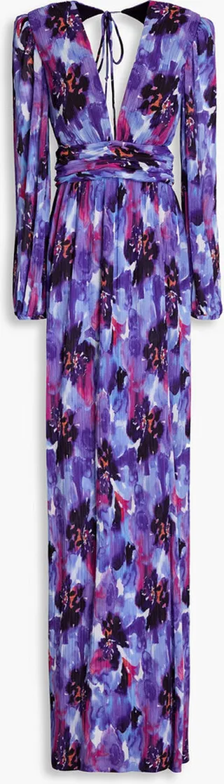 Floral-print plissé-chiffon gown