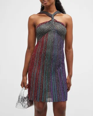 Metallic Paillette Pleated Knit Halter Mini Dress