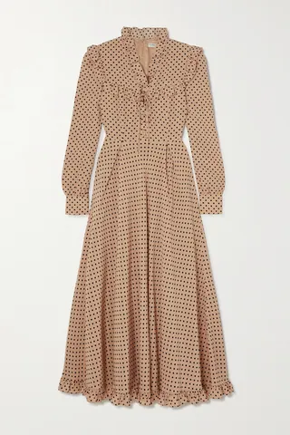 Alessandra Rich - Ruffled Polka-dot Silk Crepe De Chine Midi Dress - Neutrals