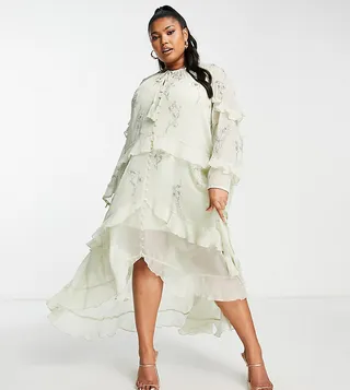 ASOS DESIGN Curve ruffle midi dress with floral embellishment and tie details