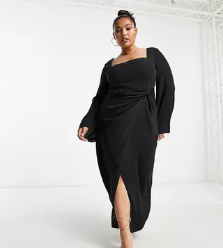 ASOS DESIGN Curve square neck fluted sleeve knot detail midi dress in black