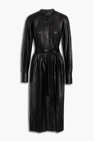 Belted pintucked leather midi dress