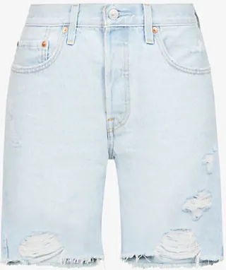 Womens Light Indigo Destructed 501 ‘90s High-rise Denim Shorts