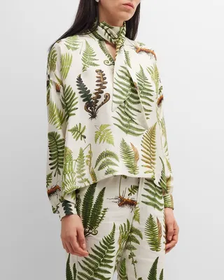 Fernie-Print Neck-Tie Silk Blouse