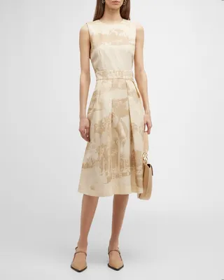 Pleated Sleeveless Toile-Print Midi Dress