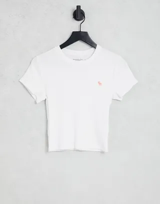Abercrombie & Fitch crop logo T-shirt in white