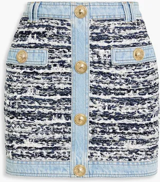 Embellished bouclé tweed-paneled denim mini skirt