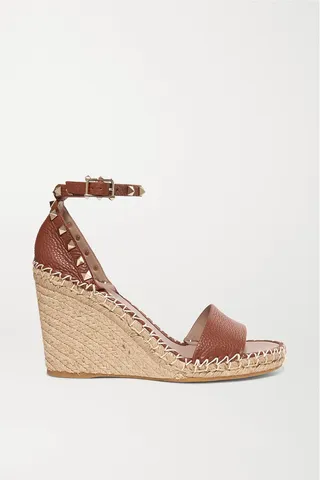 Valentino Garavani - Rockstud 105 Textured-leather Espadrille Wedge Sandals - Brown