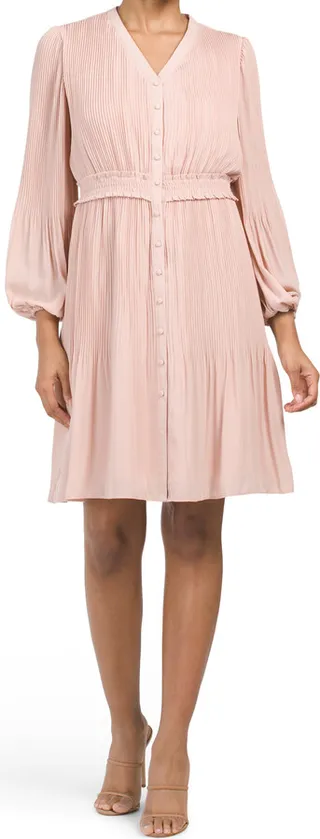 Long Sleeve Pleated Mini Dress