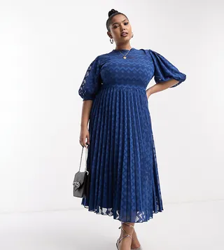 ASOS DESIGN Curve high neck pleated chevron textured midi dress with puff sleeve in Navy