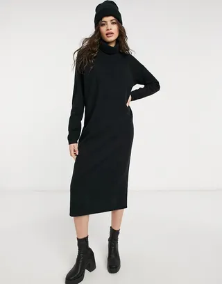 ASOS DESIGN super soft exposed seam midi sweater dress with cowl neck in black