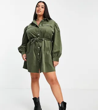 ASOS DESIGN Curve corduroy mini shirt dress in khaki