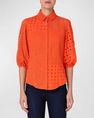 Eyelet Embroidered Button-Front Blouse