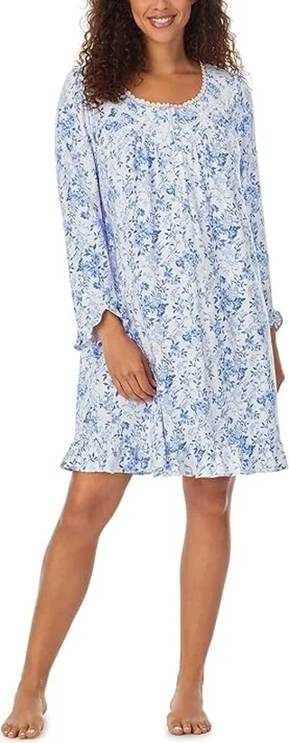 Eileen West Long Sleeve Sweater Knit Gown (White Blue Floral) Women's Pajama