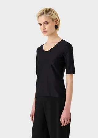 Stretch jacquard nylon V-neck jumper