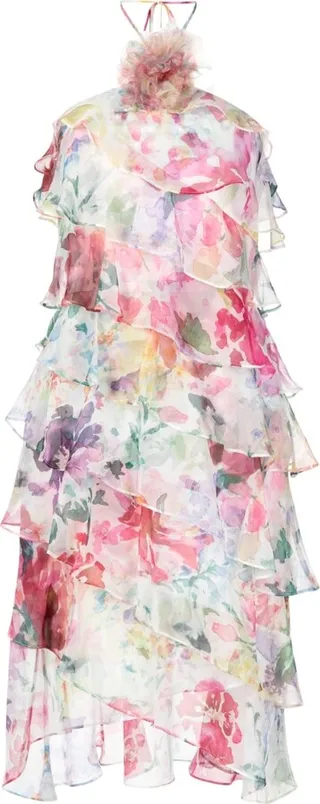Ruffle-Detail Floral Chiffon Midi Dress