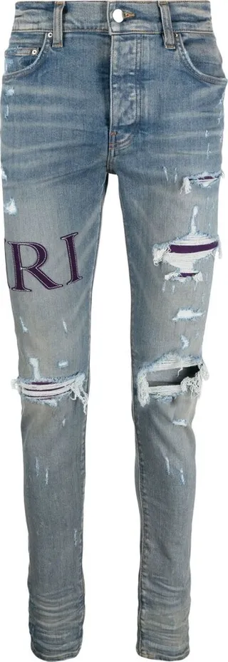 Blue Serif Logo Distressed Skinny Jeans