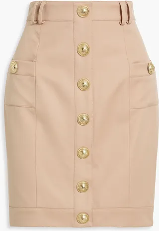 Button-embellished wool mini skirt