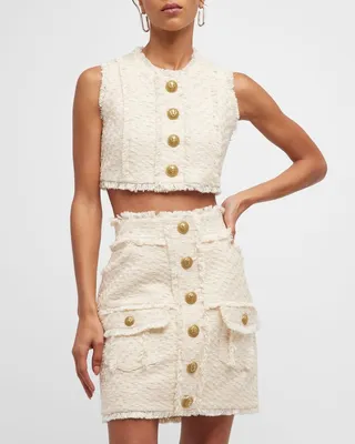 Button-Front Check Tweed Sleeveless Crop Top