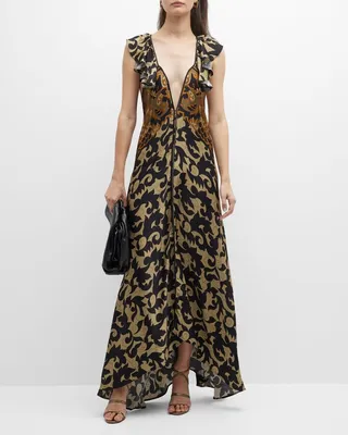 Abia Ruffle-Trim Deep V-Neck Maxi Dress