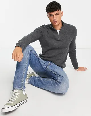 ASOS DESIGN midweight half zip cotton sweater in charcoal gray