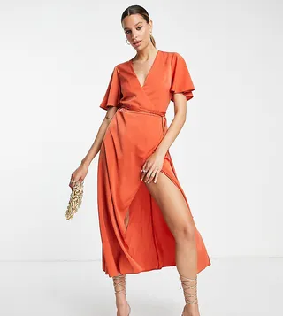 ASOS DESIGN Tall satin wrap midi dress with flutter sleeve and tie detail in rust