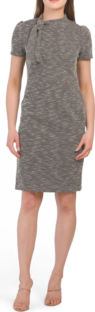 Tie Neck Boucle Career Mini Dress