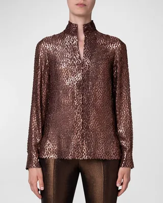 Metallic Burnout Silk Tunic Blouse