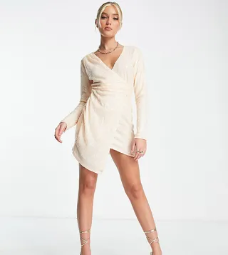 In The Style exclusive sequin drape detail asymmetric mini dress in ecru