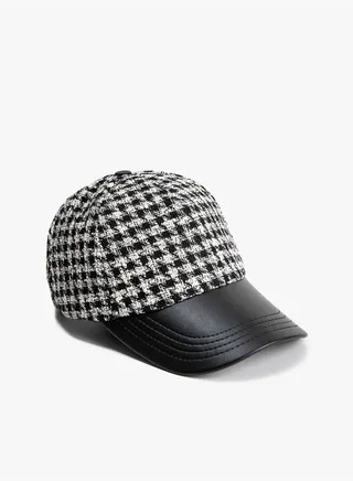 Tweed Cap Hat Faux Leather Detail