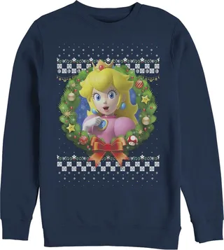 Men's Nintendo Christmas Peach Wreath Sweatshirt - Navy Blue - Large