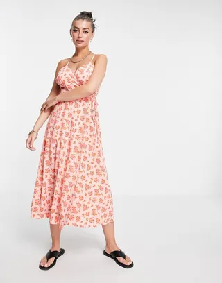 Fashion Union wrap midi dress with cross cami straps in vintage floral