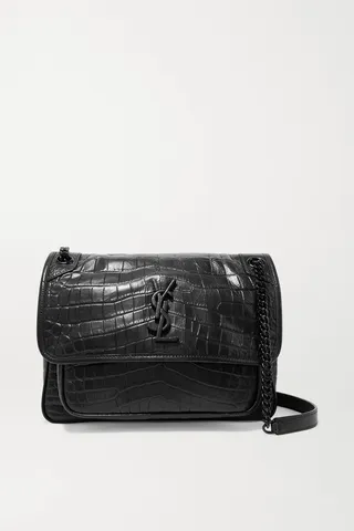 SAINT LAURENT - Niki Medium Glossed Croc-effect Leather Shoulder Bag - Black