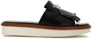 Fringed studded leather platform slides