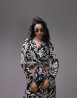 Topshop chiffon abstract floral shirt in monochrome - part of a set