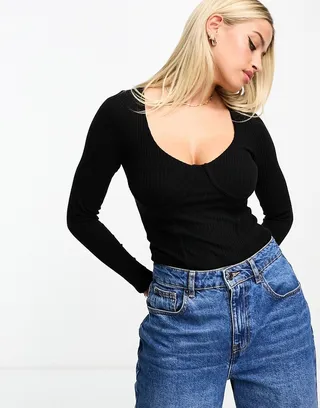 ASOS DESIGN Fuller bust rib bodysuit with bust seams and long sleeve in black
