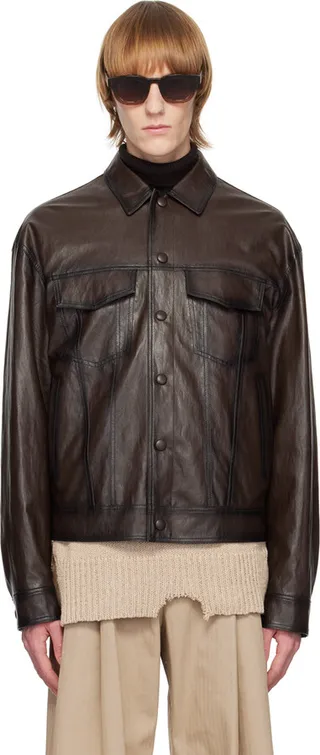 System Brown Spread Collar Faux-Leather Jacket