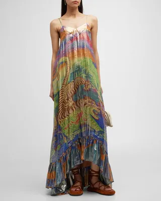 Rouna Metallic Tiger-Print Flounce Maxi Dress