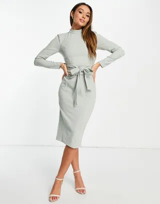 ASOS DESIGN long sleeve midi dress with obi belt in sage green