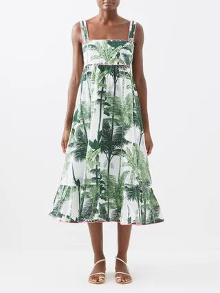 Palm-print Cotton Midi Dress