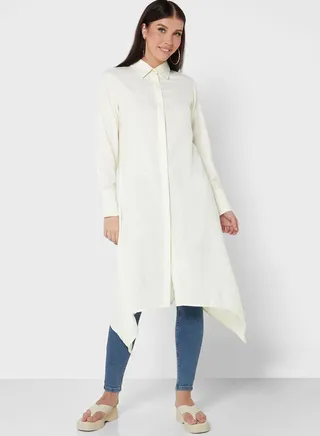 Longline Tunic With Collar And Placket Detail