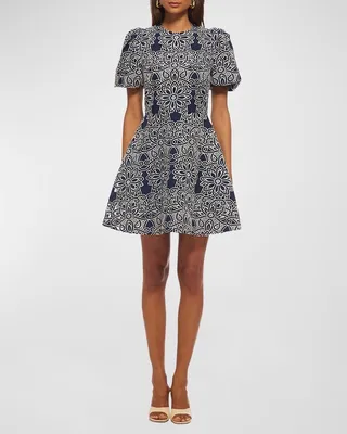 Trace Embroidered Puff-Sleeve Mini Dress