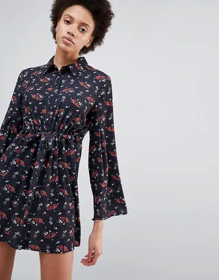 Unique21 Bell Sleeve Printed Shirt Dress