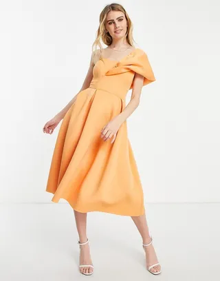 ASOS DESIGN one shoulder pleat front midi prom dress in apricot