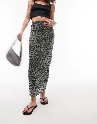Topshop mesh animal printed midi skirt in monochrome